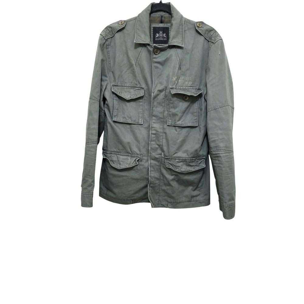Express Men's Green Military-Style Jacket Multiple‎ Pockets Cotton Size S